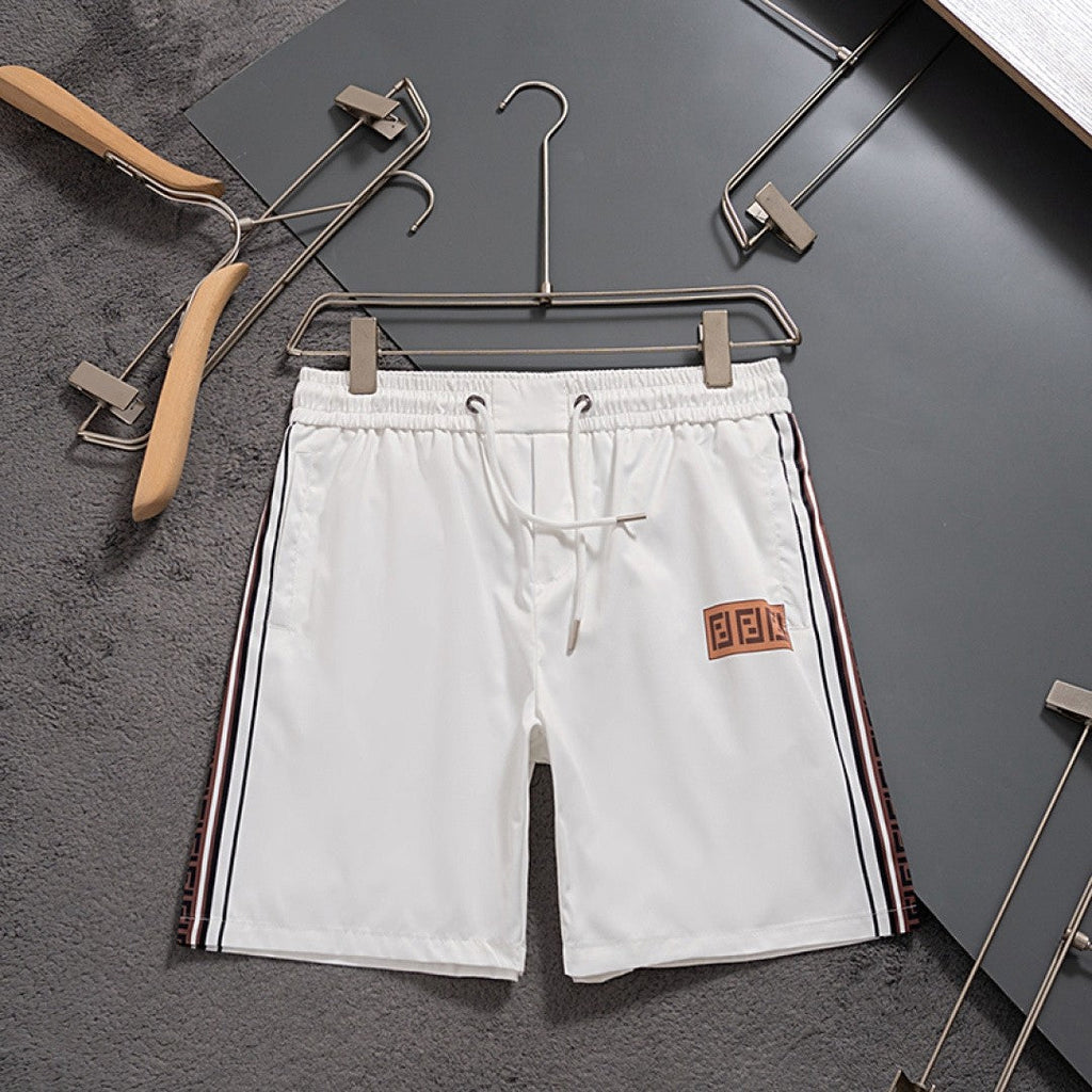 Fendi Inspired Men's Quick-Dry Beach Shorts with FF Logo Tape Side Stripes